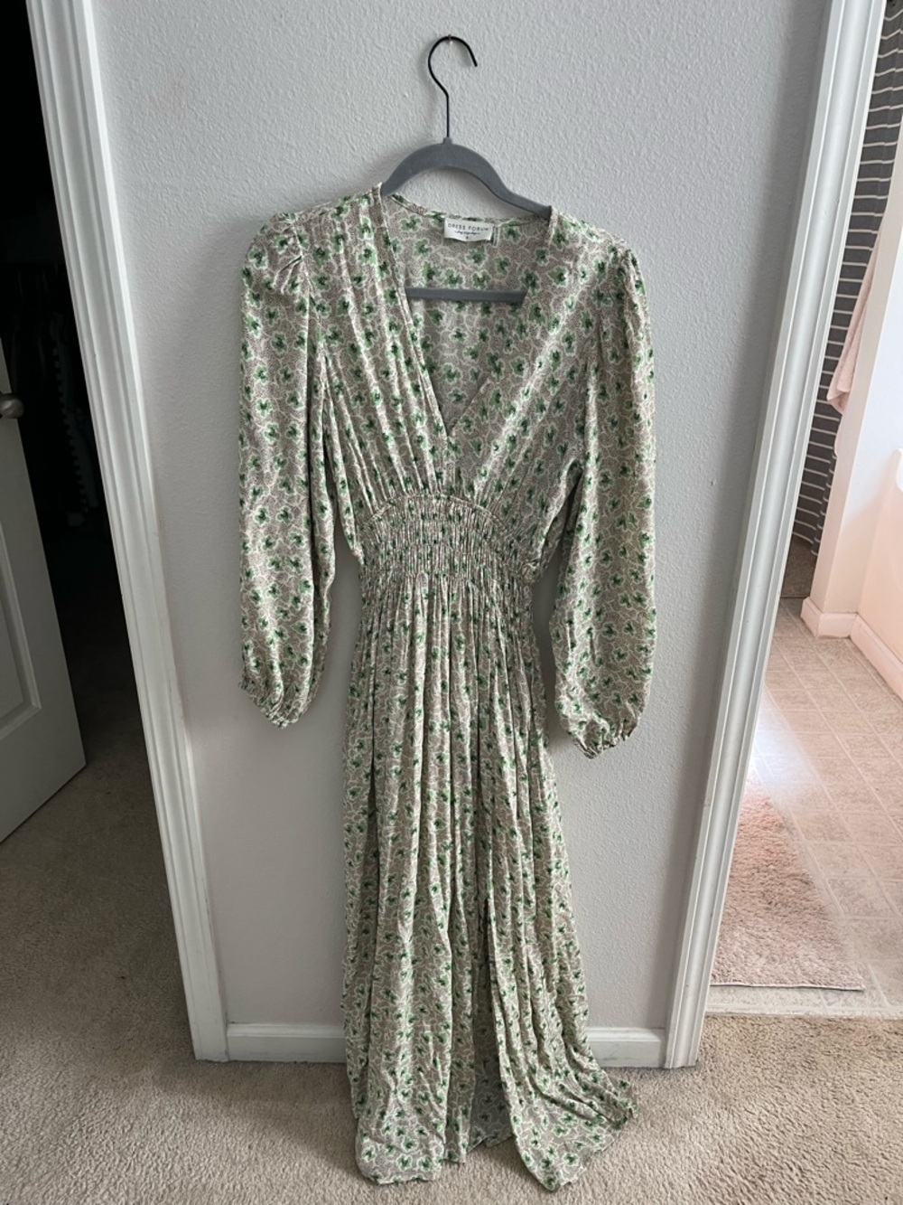 BOHME Dress Forum Cream Maxi Dress with Green Floral Print, Size Small